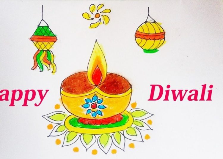 How To Draw Happy Diwali Drawing | Diy Easy Diwali Card Handmade | Simple Diya Colouring Video