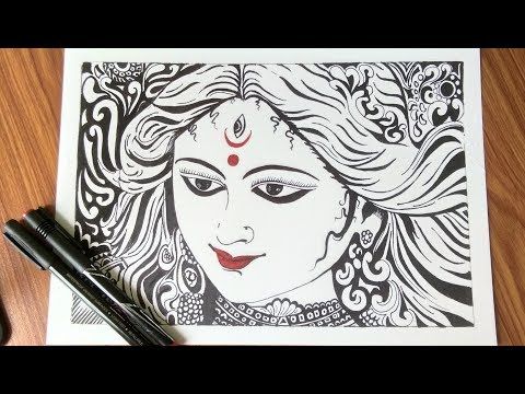 How to draw Maa Durga//Easy drawing by using Black Marker pen//Sketch Duniya