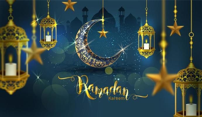 Download Ramadan Kareem Poster With Frame And Hanging Lanterns For Free