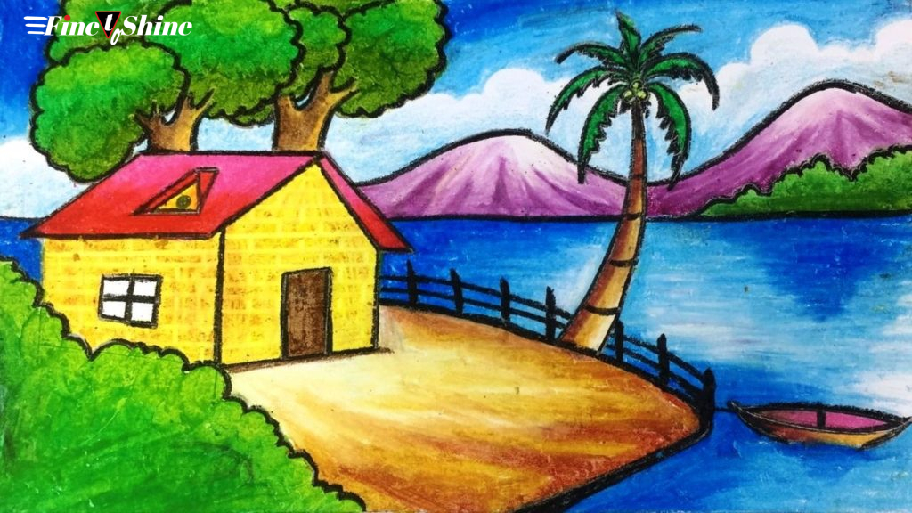 Easy Landscape Drawing For Kids And Beginners|Learn House And Nature Simple Painting