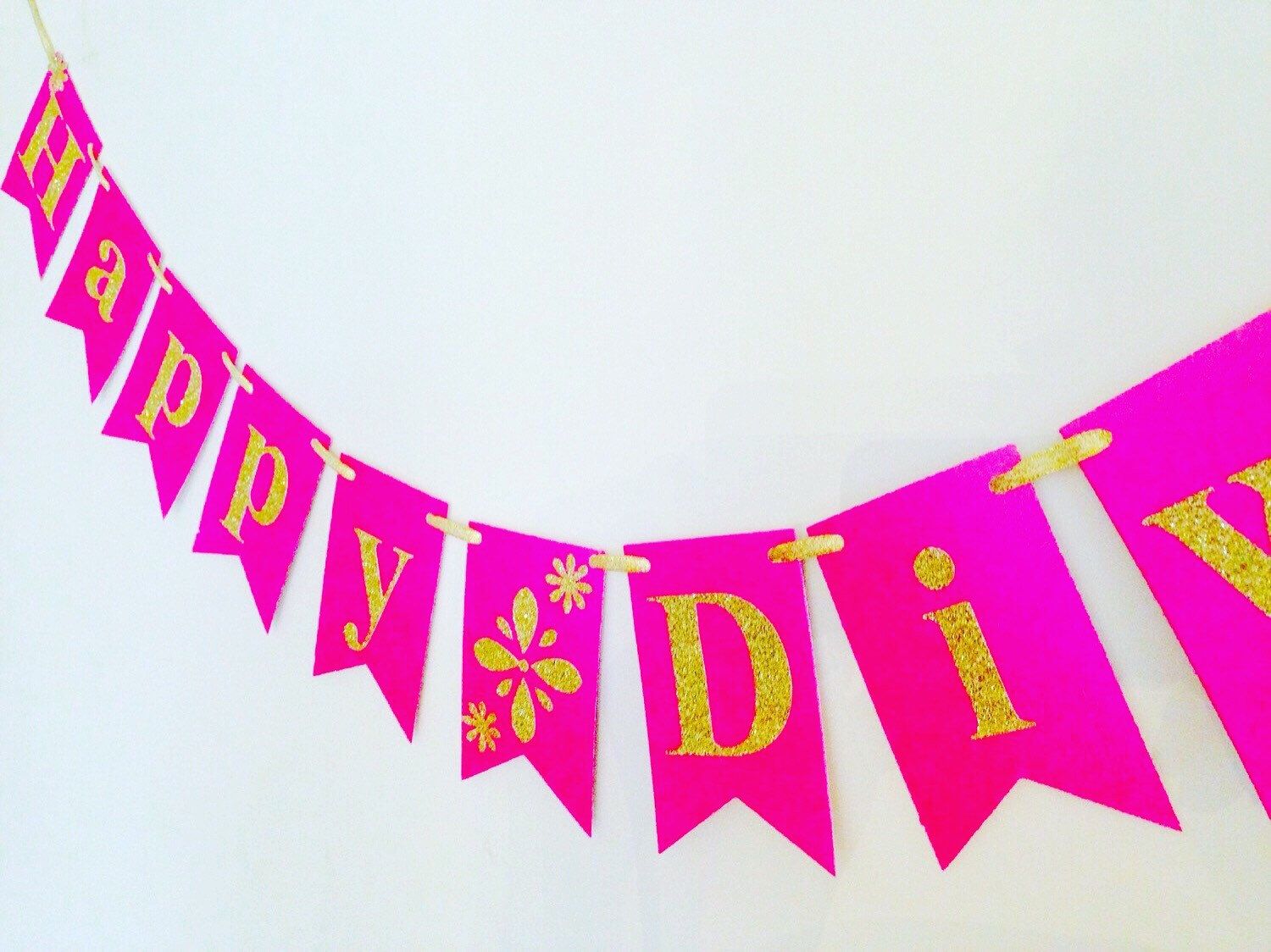 Happy Diwali Banner Fuchsia Pink Gold Glitter Card Banner
