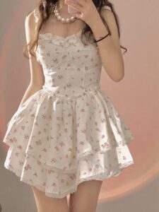Kawaii Aesthetic Coquette Dollette Floral Print Corset Dress , Beige , L HD Wallpaper