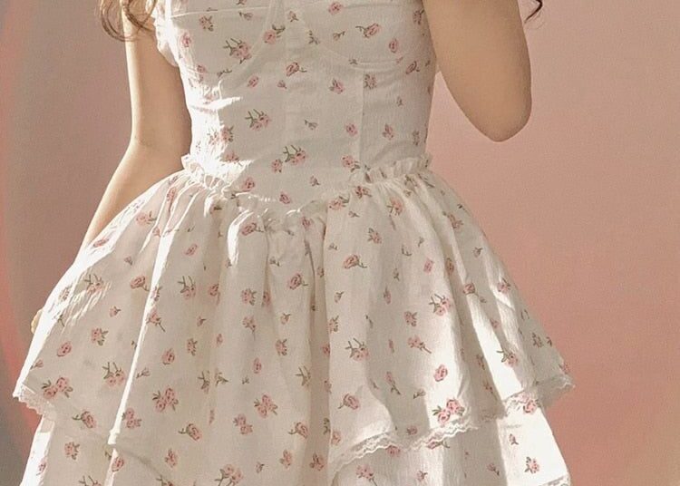 Kawaii Aesthetic Coquette Dollette Floral Print Corset Dress - Beige / L