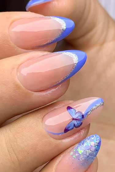 Lpooddnu Blue French Tip Press On Nails With Blue Butterfly And Glitter Designs