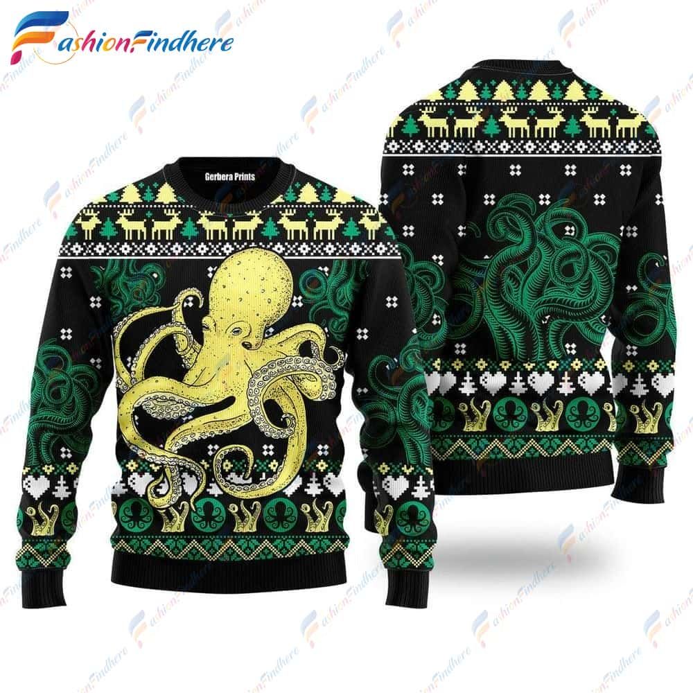 Octopus Celebrating Green Christmas Ugly Sweater Gift, Funny Ugly Christmas Swea